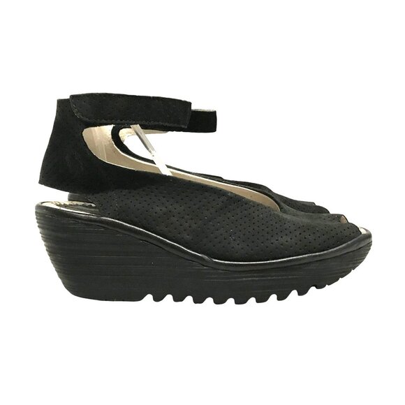 Fly London Yala Womens Black Suede Wedge Sandals Size 8.5/39 Peep Toe - Picture 1 of 13